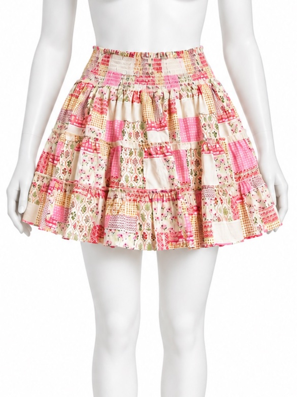 Pink Lily Floral Patchwork Pink and Cream Tiered Mini Skort size small